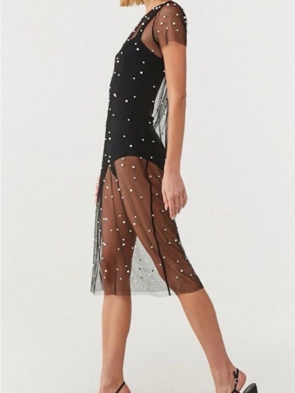 Forever 21 Black Sheer Pearl-Embellished Midi Dress